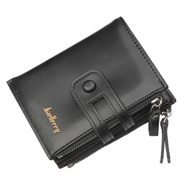 

Baellerry Men's Short Wallet Leather Double Zipper Clip Short Coin Bag Retro Brand Button Zipper Men's Wallet
