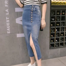 Летняя и весенняя женская джинсовая юбка, модные джинсовые юбки, длинная винтажная прямая юбка с разрезом спереди и высокой талией, юбки для девочек