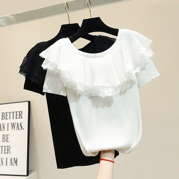 

New Summer Off The Shoulder Short Sleeve Knitted Tshirts for Women Slash Neck Lace Ruffles Pullovers Top White Students T-shirts