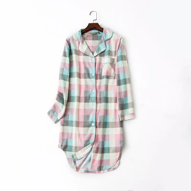 

2019 Spring Plus size Sleepshirts Women Casual Plaid Nightshirts Female turn-down collar Nightdress Ladies 100% Cotton Nightgown