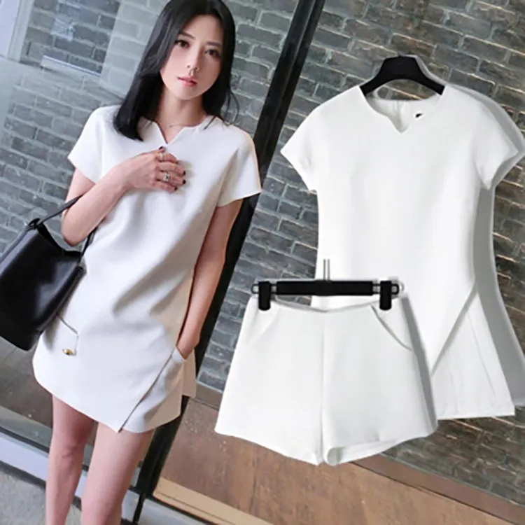 

Women Casual Slim V Neck Shirt Blouse Top Elegant Solid Shorts Sets White Two Pieces Sets