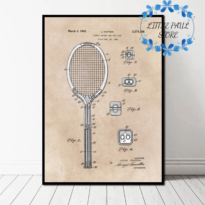 Set of 2 Sports Decor Available as print or canvas. Vintage Tennis Ball and Racket Wall Art