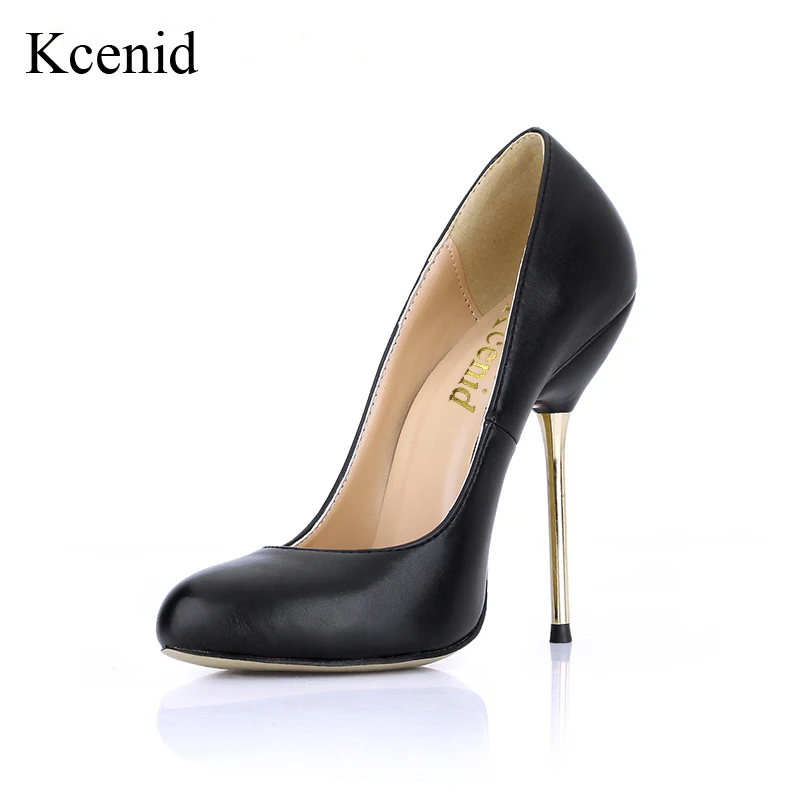 

Kcenid Top quality PU leather round toe shallow women pumps sexy metal high heels 2018 spring autumn fashion party dress shoes