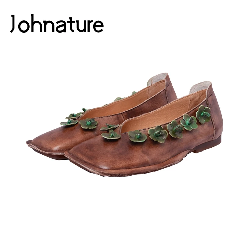 

Johnature Genuine Leather Spring/Autumn New Flats Casual Floral Square Toe Slip-on Shallow Sewing Handmade Retro Women Shoes