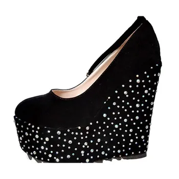 

Rhinestone Platform Wedge High Heels For Women 2019 Round Toe Flock Leather Party Wedding Shoes Buckle Black Red Pumps Size 43