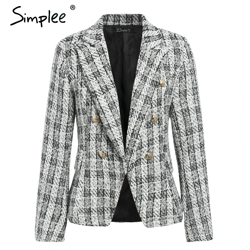 Simplee Vintage tweed plaid blazer women Buttons double breast office ladies blazer jackets Winter work wear female blazer coats