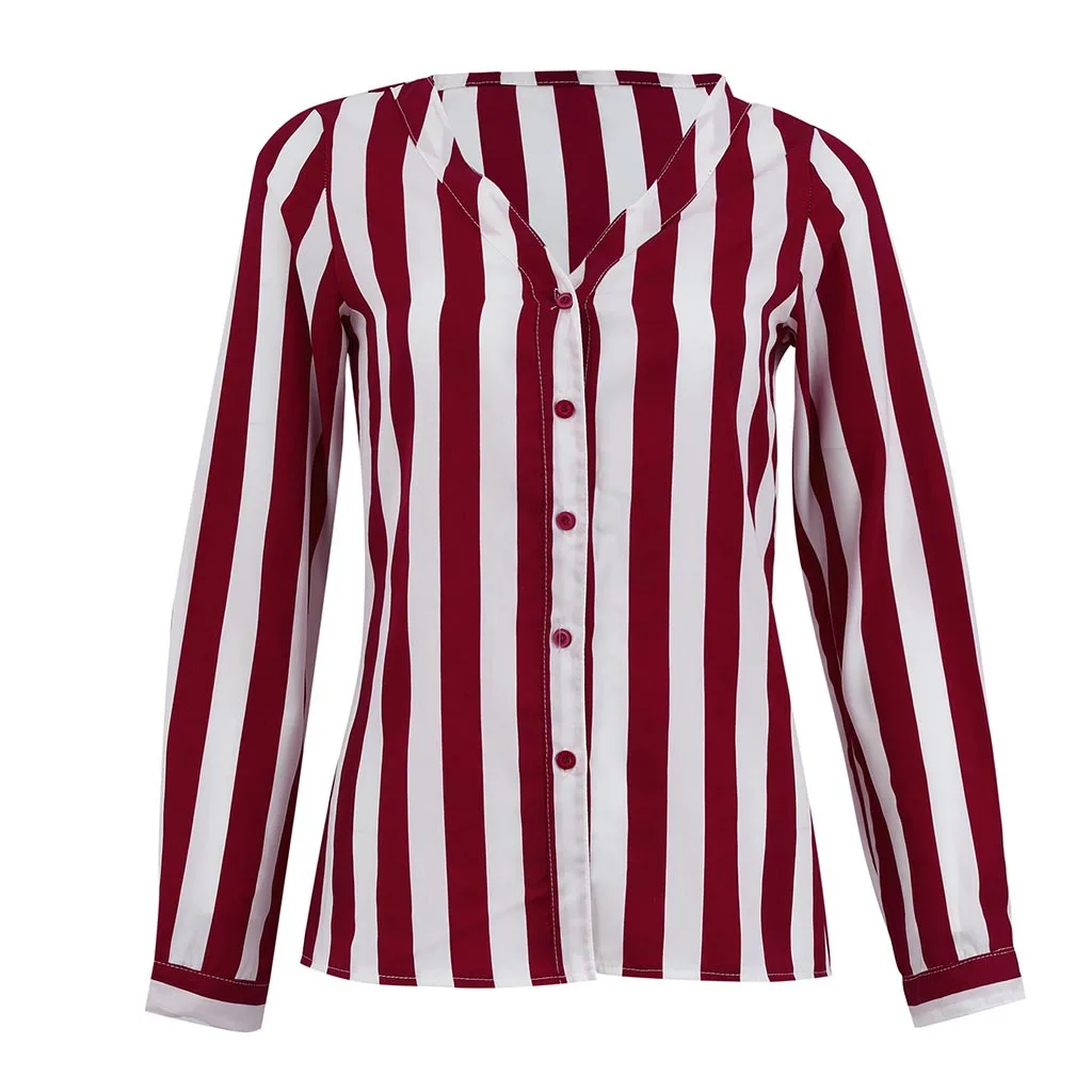 Летняя Сексуальная женская рубашка в полоску, черная, белая, элегантная, v-образный вырез, на пуговицах, блузка, OL, повседневные свободные топы, винтажные, Camisa Feminina - Цвет: Красный