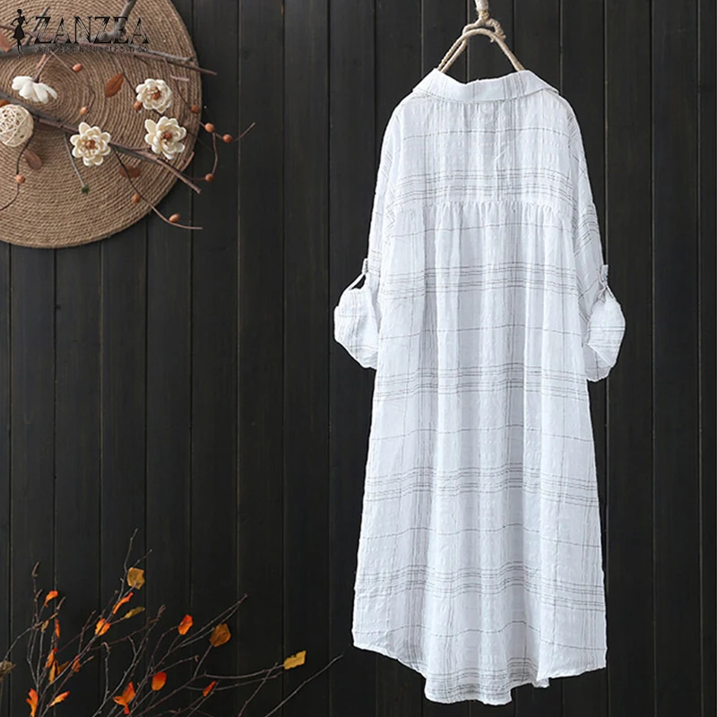 Skup ZANZEA 2019 sweter na guziki na jesień w dół lniany top kobiety bluzka w szkocką kratę kobieta klapa Casual koszula z długim rękawem kobiety pracują Blusas Plus rozmiar