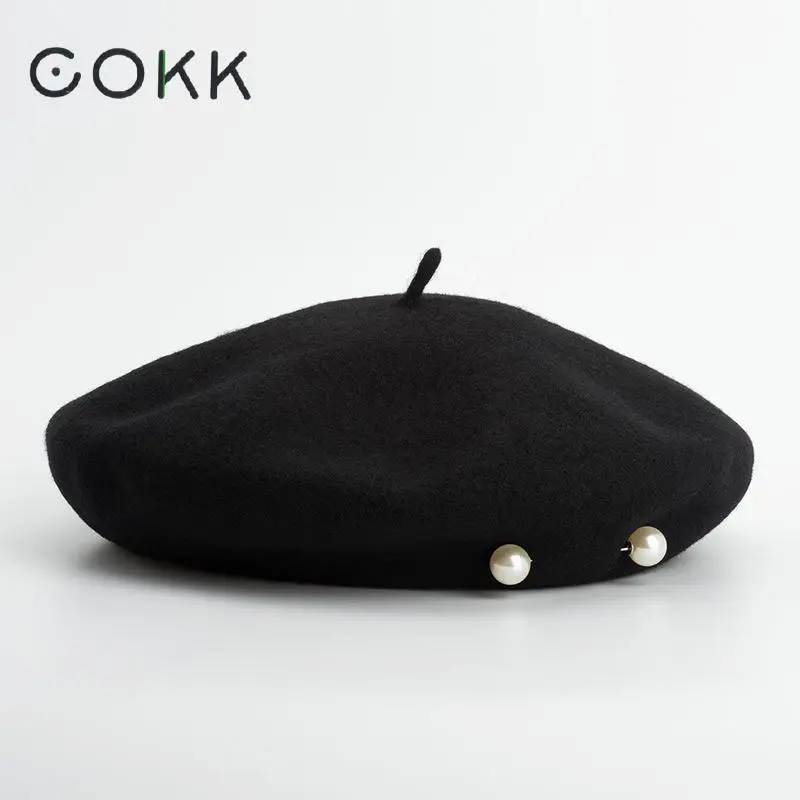 Женский шерстяной берет COKK черный мягкий теплый с искусственным жемчугом и