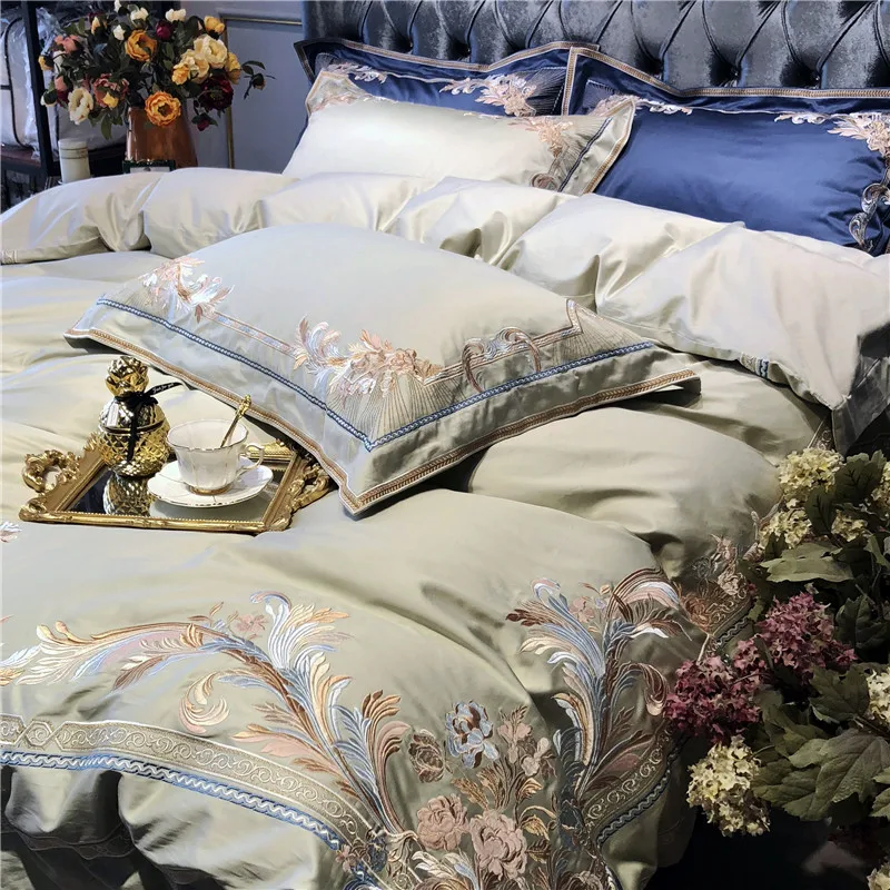 Discount Champagne Blue White Luxury Royal Embroidery 100S Egyptian Cotton Palace Bedding Set Duvet Cover Bed sheet/Linen Pillowcases 26