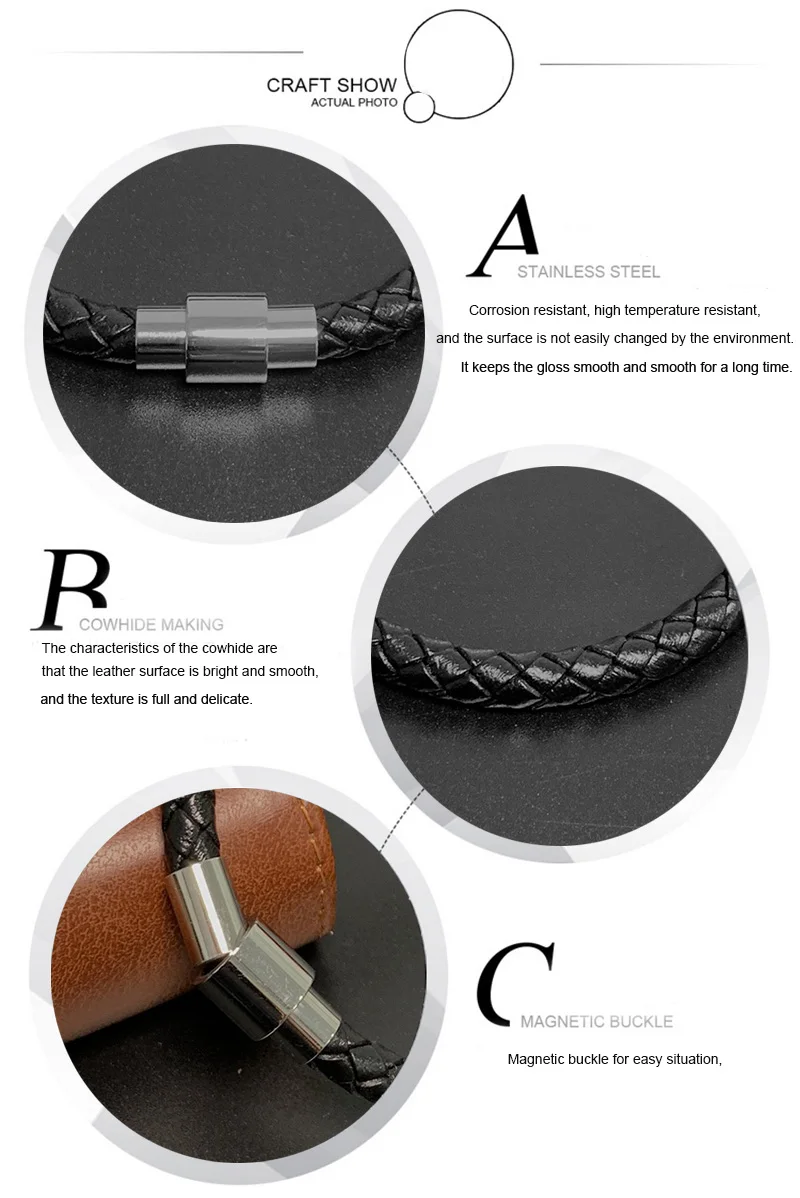 Панк мужской черный плетеный кожаный браслет из нержавеющей стали с магнитной пряжкой простой стиль модный браслет мужские ювелирные изделия подарки PD0038