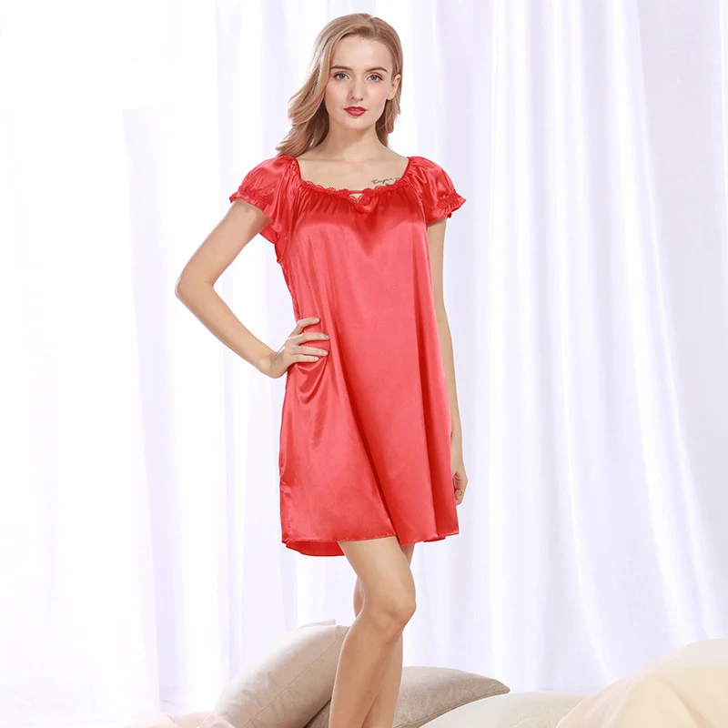 NG093 Satin Silk Women Nightgown Short Sleeves Night Dress Sexy Summer