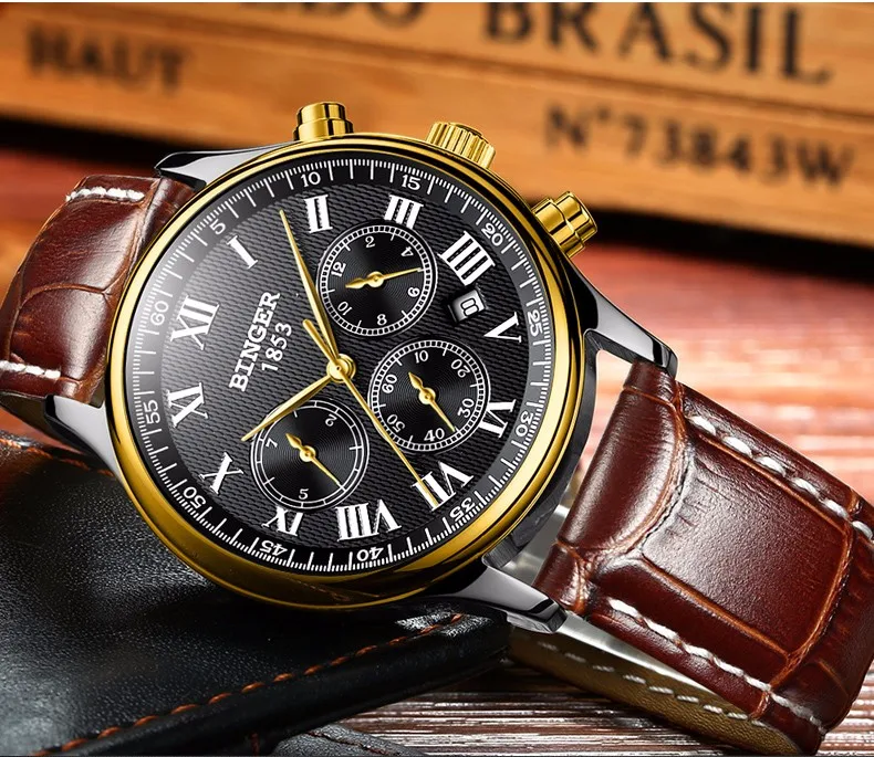 Watches Men Luxury Brand BINGER Automatic Mechanical Watch Waterproof Calendar Leather Wristwatch relogio masculino