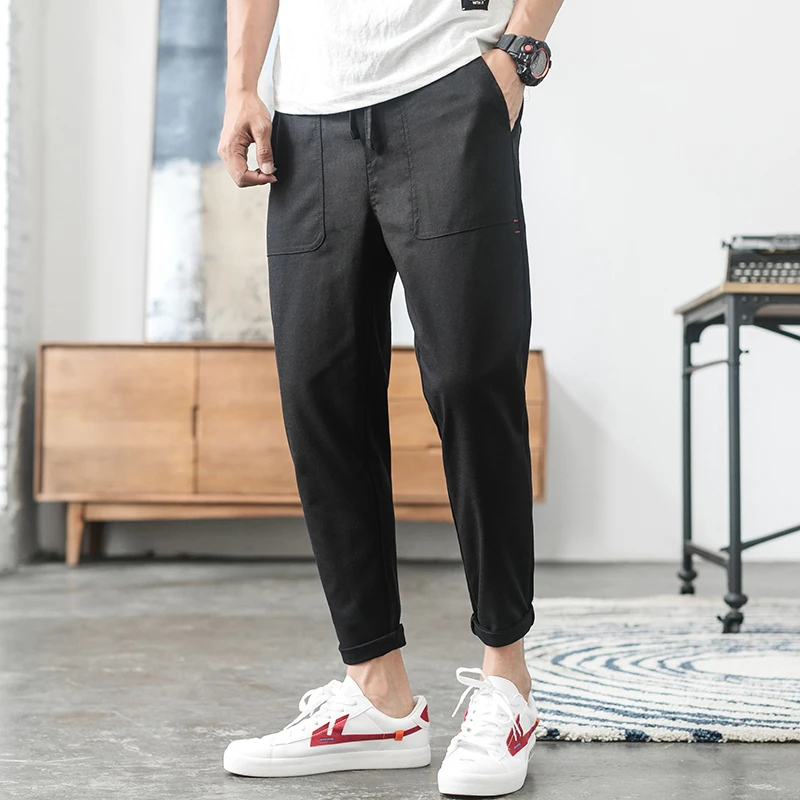 

High quality Men's Summer Casual Pants Natural Cotton Linen Trousers White Linen Elastic Waist Straight Man's Pants Large size