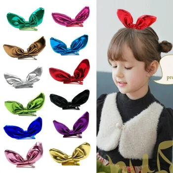 

New Design Shiny Leather Rabbit Ear Hairpins Girls Hair Accessories Kids Best Gift Children Bow Baby Christmas Hair Clip