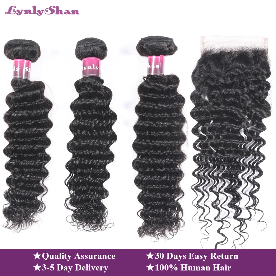 

Lynlyshan Human Hair Indian Deep Wave Bundles With Closure 100% Remy Human Hair Natural Color 10-28 Inch Free Shipping