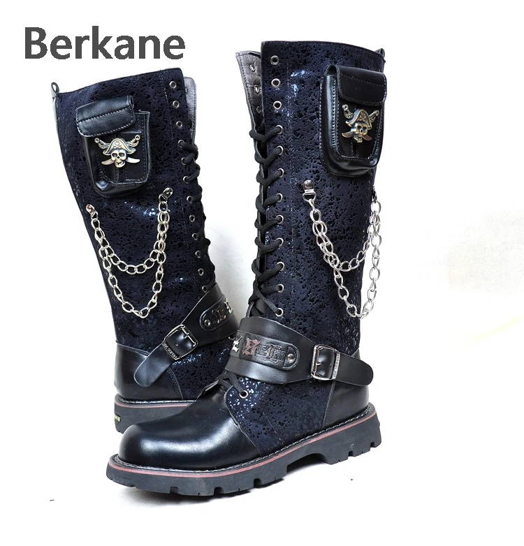 Billig Schwarz Armee Gothic Stiefel Männer Militär Kampf Metall Schädel Schnalle Motorrad Punk Hoch Leder herren Schuhe Rock Bota Masculina heißer