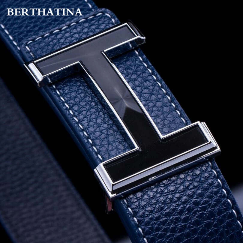 

BERTHATINA Men Belt 2018 Cowhide Genuine Leather Belts For Men Fashion Smooth Buckle Belts With Letter I Belts Cinturones Hombre