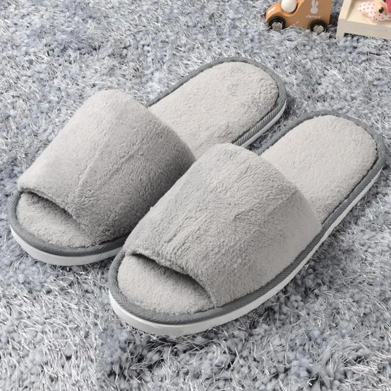 

2019 New Unisex Women Open Toe Winter Home Slippers flannel Warm Peep-toe Slippers Fleece House Indoor Lovers Shoes