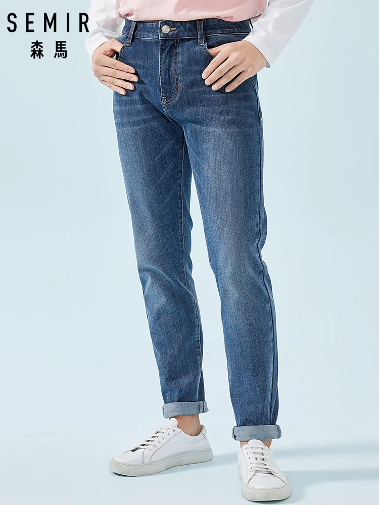 Cheap SEMIR Jeans for Men Stretchy Skinny Jeans Soft Cotton Jeans in Washed Denim with Mock Front Pocket Zip Fly with Button