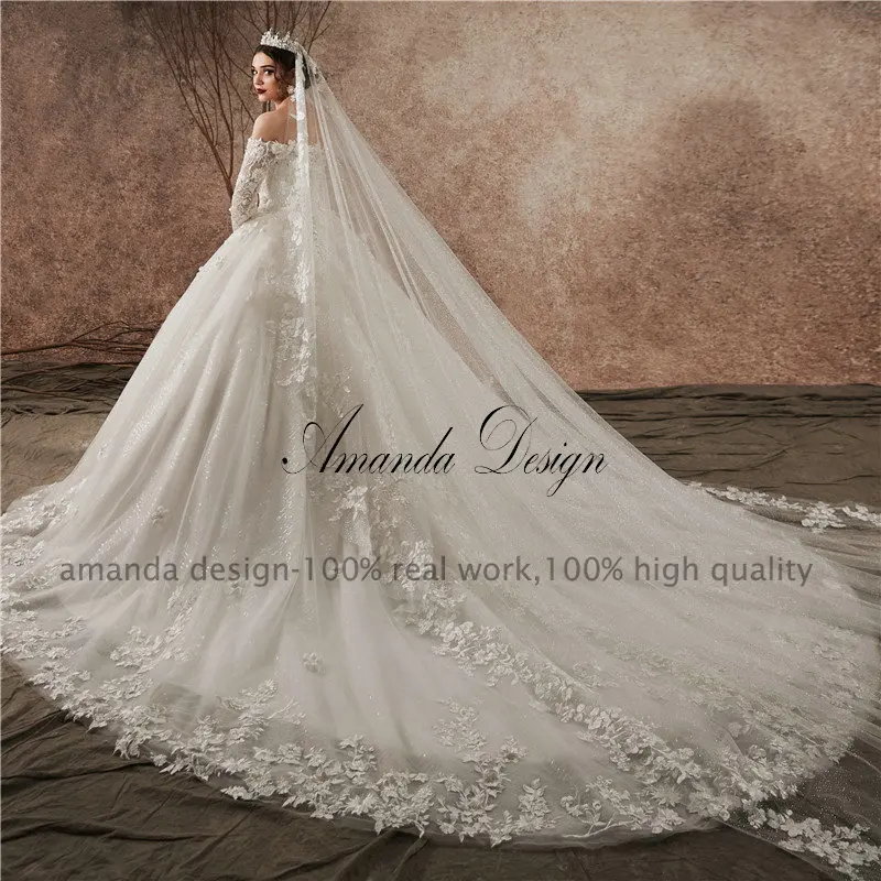 Аманда дизайн matrimonio с открытыми плечами кружева аппликация пышные блестящие свадебное платье с длинным рукавом