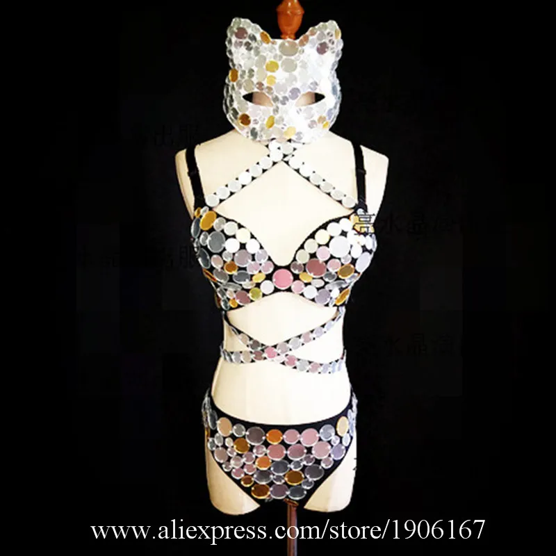 

Newest Silver Mirror Party Evening Dress Bikini Suit Outfit Woman Ballroom Costume Mirror Silver Party Mask DS Clothes Bodysuit