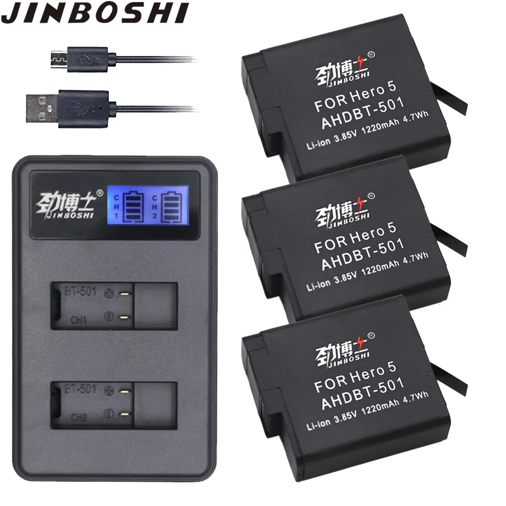 

3pcs 1220mAh Hero5 Hero6 AHDBT-501 AHDBT 501 rechargeable Li-ion Battery+LCD USB Charger for GoPro Hero5 6 AHDBT501 Batterie