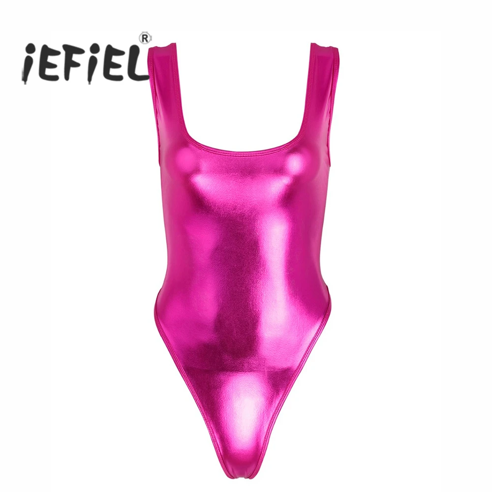 iEFiEL Womens Femme Sleeveless High Cut Sexy Bodycon Patent Leather Thong Gymnastics Leotard Night Clubwear Bodysuit Costumes pink bodysuit