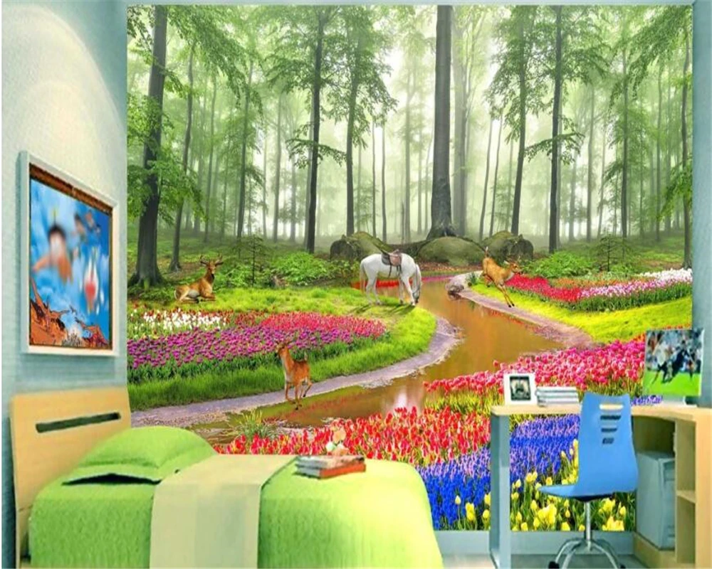 Beibehang Papel De Parede: Beautiful HD Dream Forest Landscape Painting Background Wall Flowers 3D Wallpaper image 2
