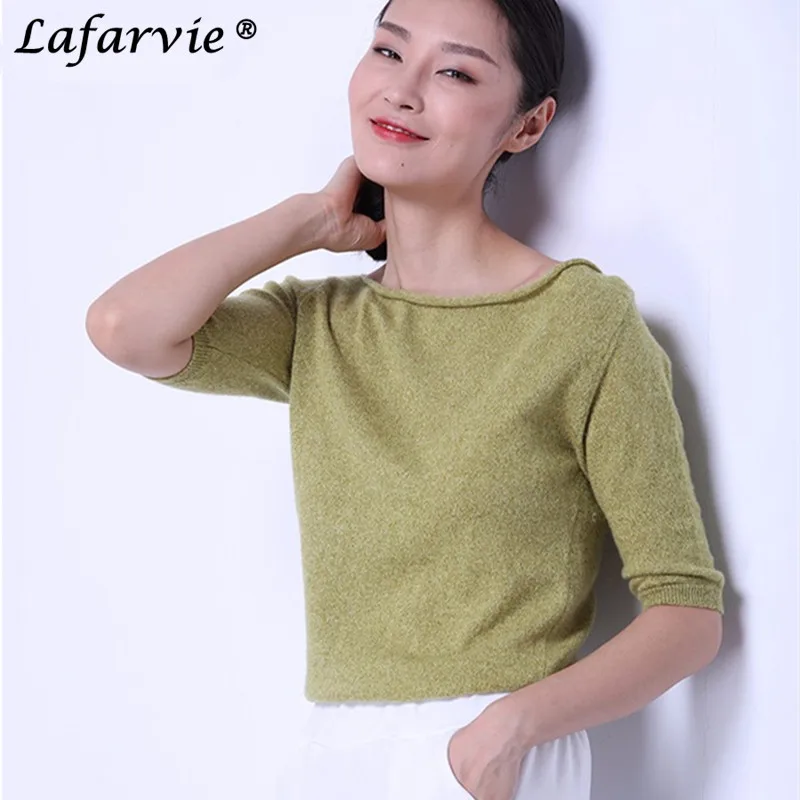 

Lafarvie Quality Slim Sexy Cashmere Knitted Sweater Women Tops Fashion Pullover Slash neck Half-sleeve Female Jumpers Pull Solid