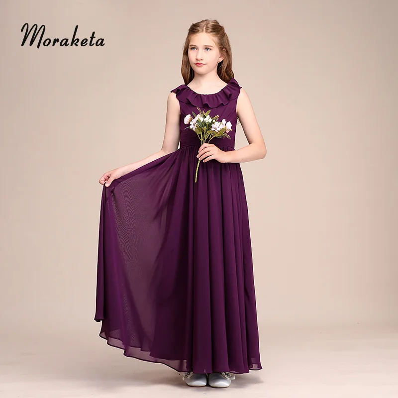 

A-line Ankle-length Chiffon Flower Girl Dresses For Wedding Party Scoop Neck Sleeveless Long Purple Junior Bridesmaid Dresses