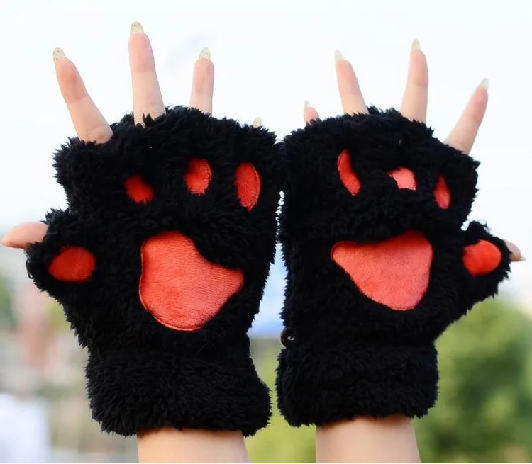 Осенние и зимние толстые теплые перчатки с половинными пальцами, милые женские студенческие модные перчатки с клавиатурой и когтями - Цвет: 1 black