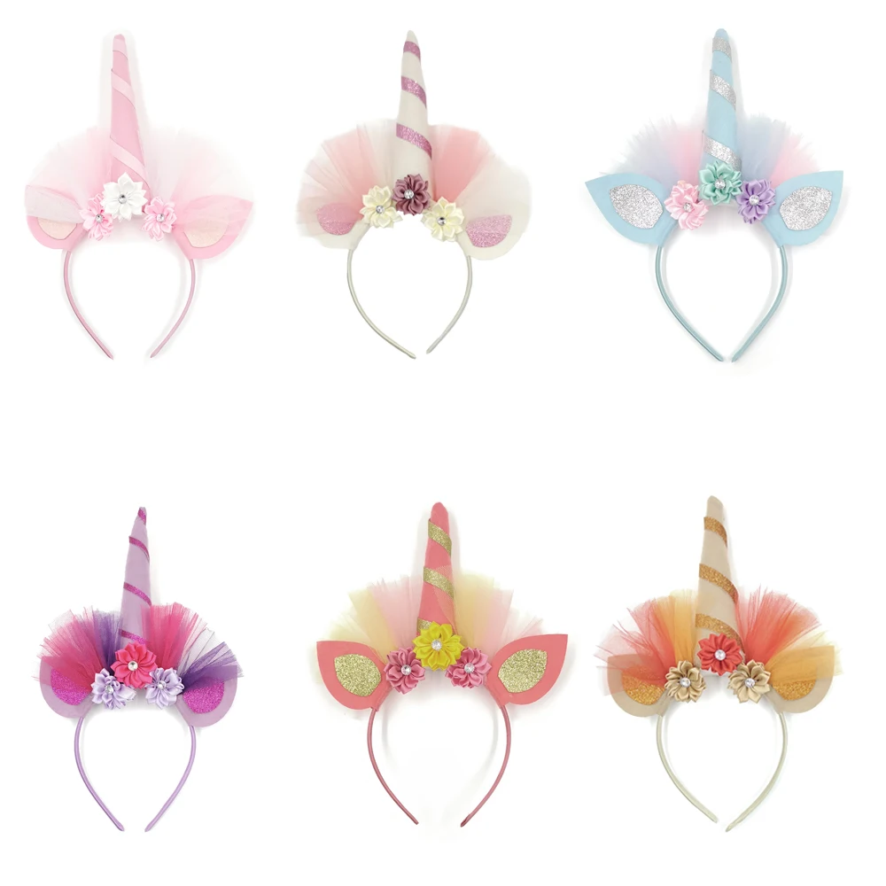 

6Pcs/pack Unicorn Horn Matching Satin Flower and Mesh Baby Hair Clasp Baby Girl Hair Accessory Photo Prop Kidocheese
