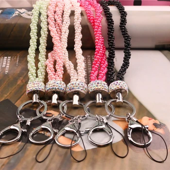 

New Arrival Luxury Pearl Custom Neck Lanyard Crystal Lanyard For ID Name Badge Holder Key Holder Ring 3pcs
