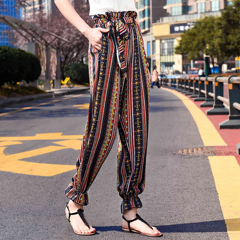 Ladies Floral Print Wide Leg Pants Women Long Drawstring