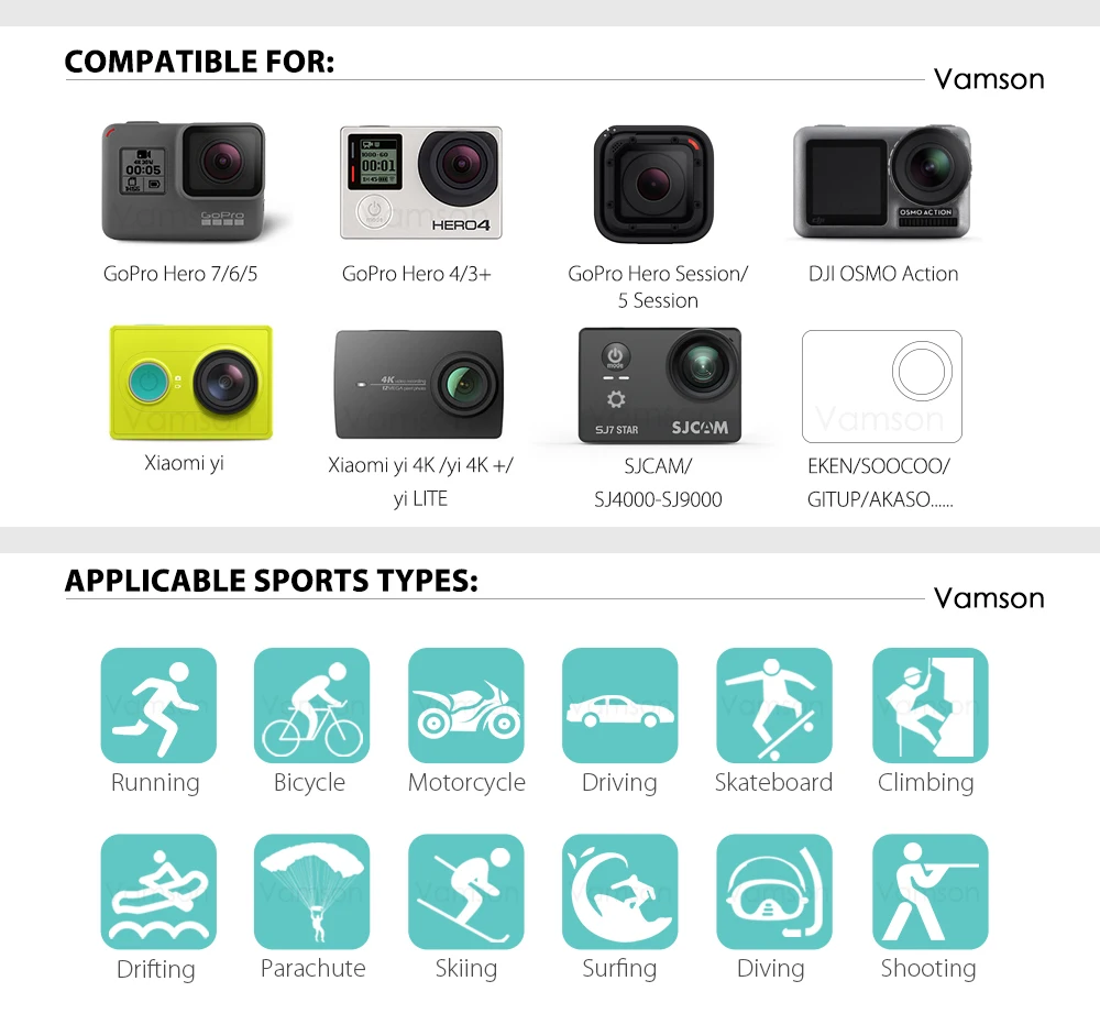 Аксессуары для экшн-камеры Vamson для go pro Hero 7 6 5 4 для Xiaomi Yi 4 K для sony Nikon Набор для JID OSMO Action VS82