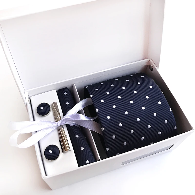 

8CM Tie Sets W/Box Best Gifts for Men Polka Dots Neckties Cufflinks Square Handkerchief Business Wedding Party Man Neck Ties Kit