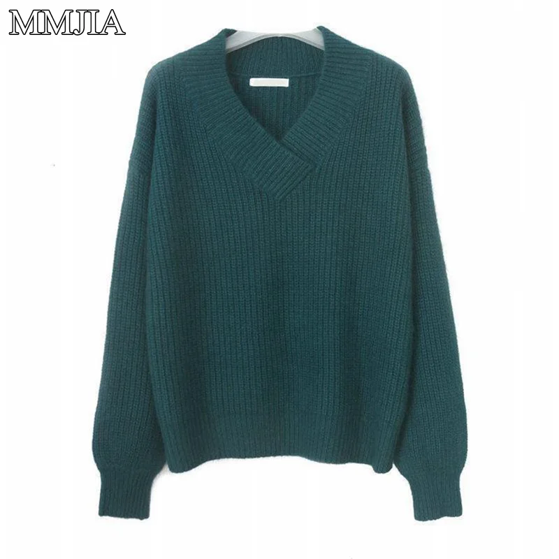 MuMuJia Knitted Sweater Autumn Women Plus Size V Neck Loose Sweater Pullovers Ladies Winter Solid Color Cashmere Sweaters Tops