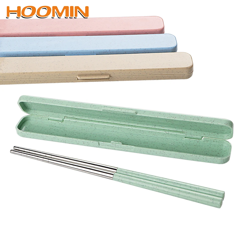 

HOOMIN 1 Pair 304 Stainless Steel Chinese Chopsticks with Storage Box Portable Travel Chopsticks Wheat Straw Food Sticks