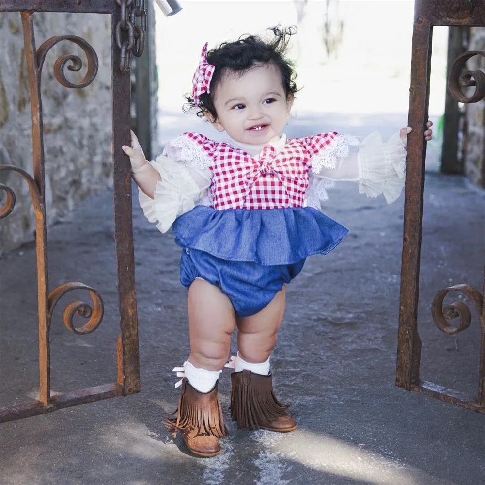 

Summer New Sweet Baby Girls Party Holiday Jumpsuits Toddler Kids Baby Girl Lattice Lace Up Long Sleeve Bodysuits Summer Outfits