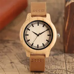 Новое поступление простой Бамбук часы для Для женщин кварцевые наручные часы Высокое качество из натуральной кожи ремешок аналоговые
