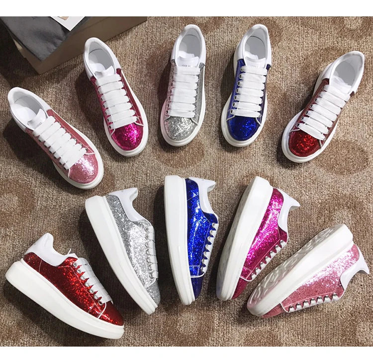 

Glitter Women Sneakers Colorful Shiny White Vulcanized Shoes Chic Street Style Star Flats Lady Casual Platform Shoes Funky Heel
