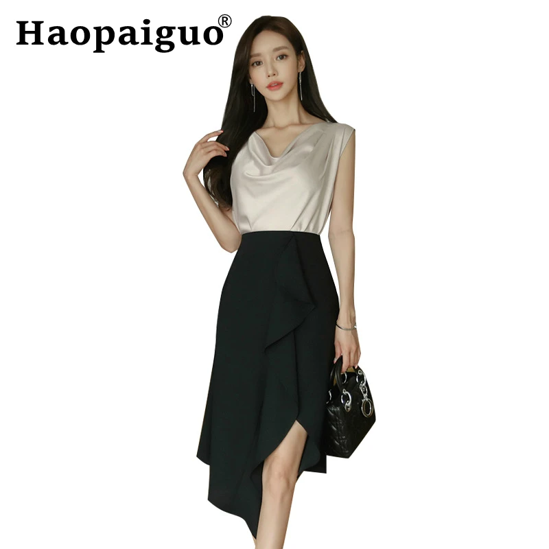 

Plus Size 2019 Summer Causal Two Piece Set for Women Solid Sleeveless Blouse and Black Asymmetrical Wrap Skirt Women 2 Piece Set