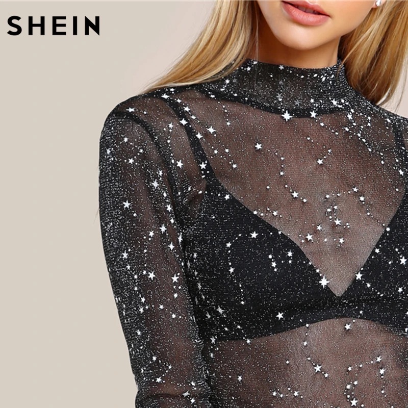Блузка с длинным рукавом SHEIN черная блестящая рукавом|mesh blouse|slim blouseblouse sexy |