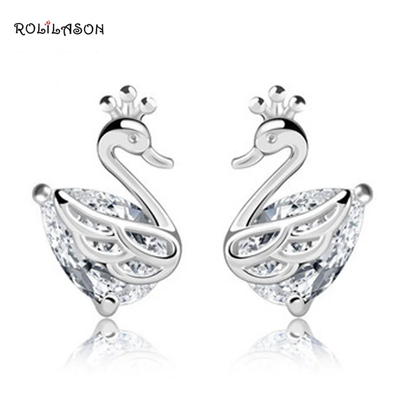 

ROLILASON Pure Silver Small Swan stud earrings s925 Crystal Zircon Topaz Pure Silver Small Jewelry for party gifts SE38