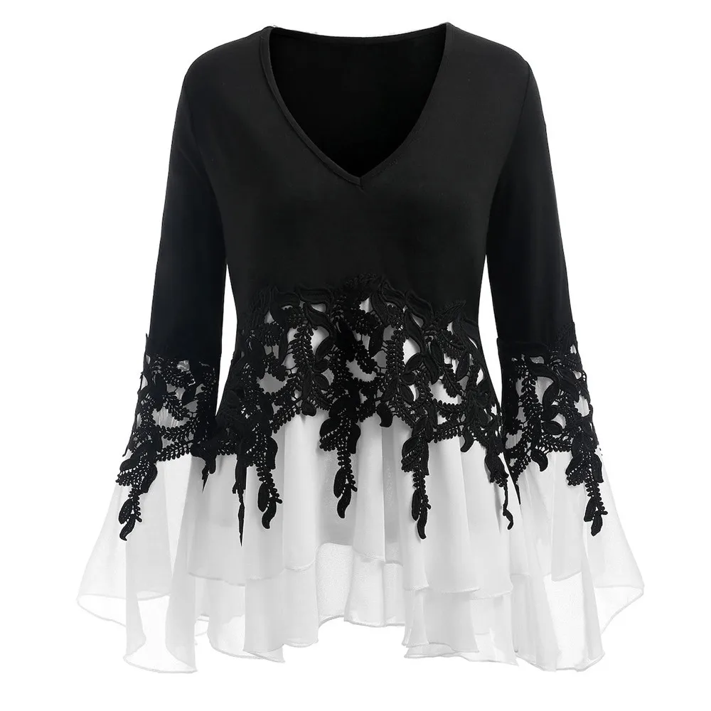 

Slim Blouses Fashion Womens Casual Applique Flowy Chiffon V-neck Sexy Blouse Tops Work Top Plus Size Casul Female Clothing 5XL