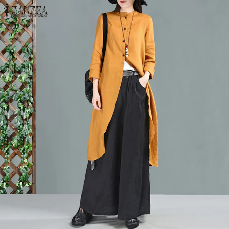 

2019 Autumn Cardigan ZANZEA Women Casual Long Blouses Shirt Vestidos Vintage Cotton Irregular Female Outwear Blusas Plus Size