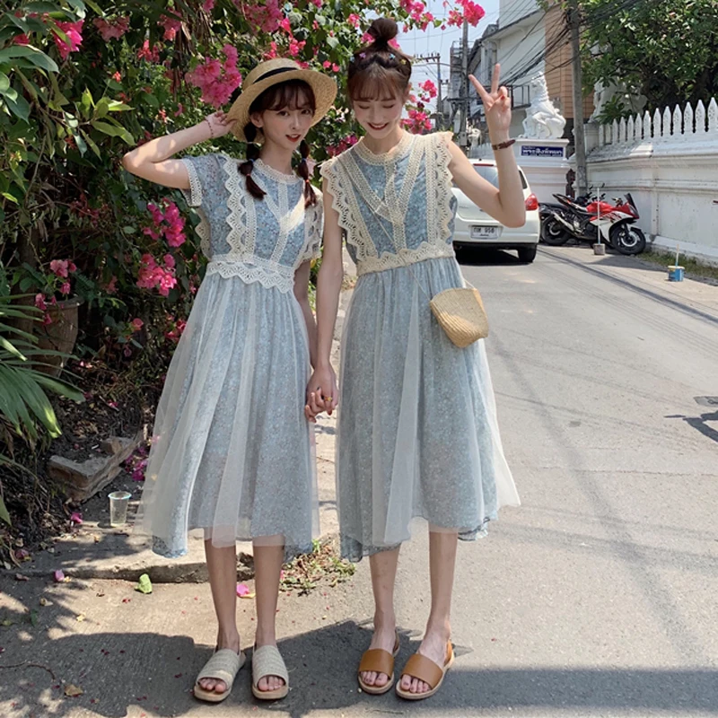 

Princess Style Mesh Tulle Dress Flower Print Lace Patchwork a Line Midi Dress Robe Femme Vestido Mujer Vestiti Donna Kawaii
