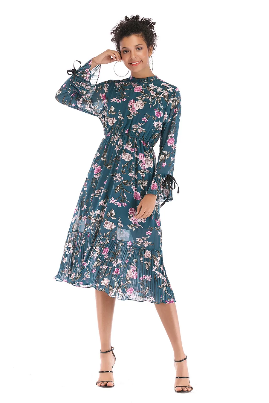 Gladiolus Floral Print Spring Autumn Women Dress 2019 O-Neck Lace Up Flare Sleeve Tunic Chiffon Dress Women Midi Party Dresses (15)