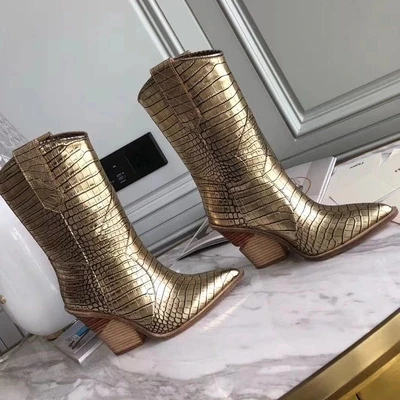 Spring New Cowboy Boots For Women Pointed Toe ankle Boots snake pattern Mid-calf Women Boots Chunky Wedges Boots Runway